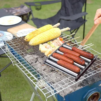 Hot Dog Cu Role Pentru Grătar Grătar Cârnați Cu Role Raft Din Oțel Inoxidabil, Cu Suport Extra Lungi Mâner Din Lemn