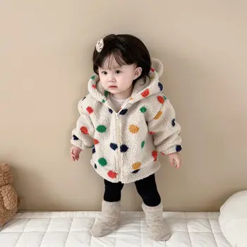 Iarna Coreean Fete Pentru Copii Haina De Bumbac, Catifea, Lână De Miel Puncte Colorate Pentru Fete Sacou Hanorac Cu Urechi De Urs Toddler Girls Parka