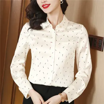 Imprimare Tricou Femei de Primăvară Polo-Gât de Îmbrăcăminte pentru Femei Buton de Cămașă Bluză cu Mâneci Lungi Femei Topuri Satin Cămăși și Bluze