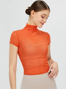 INLUMINE Retro de Înaltă gât Yoga T-shirt Femei Îmbrăcăminte de Fitness Sport Maneca Scurta Bluza Plasă de protecție Solară Quick Dry Top de sex Feminin