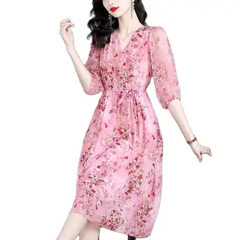 Japoneze Femei De Moda De Imprimare Rochie Roz De Înaltă Calitate Sifon Rochie Trei Sferturi Mâneci
