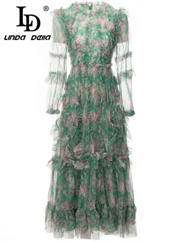 LD LINDA DELLA Vară Stil Nou Podium de Moda Rochie de Femei Transparente Imprimare maneca lunga talie Mare Îmbinare Dantelă Florale Rochie