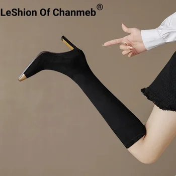 LeShion De Chanmeb Femei Întinde Cizme De Piele De Căprioară Maro Metal Pătrat Picior KneeHigh Cizme Femeie Tocuri Foarte Inalte, Cu Fermoar Pantofi De Iarnă 42