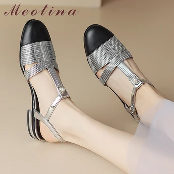 Meotina Femei Din Piele T-Legat Sandale Rotund Toe Flats Oaie Cataramă Moda Doamnelor Pantofi De Vară De Caise Argint 43