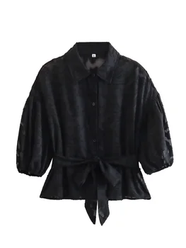 MESTTRAF Femei 2023 Moda Y2K Black Jacquard Cu Centura Bluze Vintage Maneca Scurta Fata Buton de sex Feminin Tricouri Topuri Chic