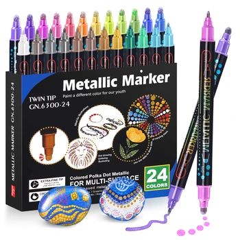 Metalice Markere 24 Culori Acrilice Vopsea, Markere, Dual Sfat Pixuri cu Dot Sfat și Vârful Fin, Pixuri Metalice pentru Pictura