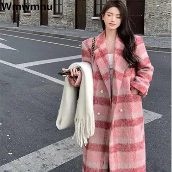 Moda Coreeană Carouri Woolend Haine Clasice Femei Cald Sacou Lung Jachete De Epocă Amestecuri Gros Dublu Rânduri Palton De Iarnă