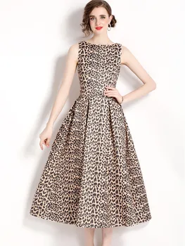 Moda-O Singură Bucată Rochie De Vara Pentru Femei Haine De Epocă Leopard De Imprimare Fără Mâneci Drapat Lung Rochie De Rezervor Vestidos Longo