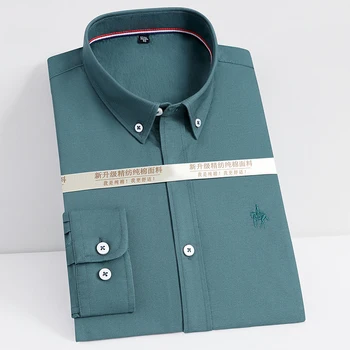 Moda pentru bărbați Broderie Maneca Lunga Oxford Țesute Tricou Pocketless Design 100% Bumbac Casual Standard-fit Button-down Shirt