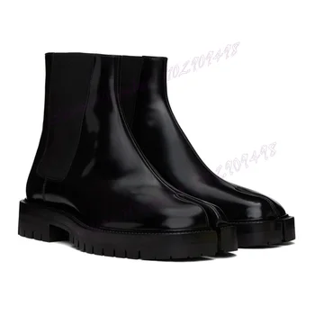 Negru Split Toe Bărbați Glezna Cizme din Piele de Brevet Chelsea Cizme Pantofi pentru Barbati, Handmade, Incaltaminte de Iarna 2024 Zapatos Para Hombres
