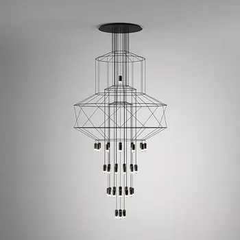 Nordic minimalist creative loft cu negru cu linii geometrice, vila living, suspendat, duplex, scara interioara, candelabru lungi