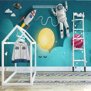 Nordic Trase de Mână de Perete Hârtie de desen Animat Spațiu, Astronaut Planeta Rachete imagini de Fundal pentru camere Copii pictura Murala