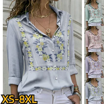 Noul Design de Imprimare de Top Femei Sexy V-neck Bluza de Vara de Toamna Elegant Butonul Maneca Lunga pentru Femei de Moda Haine Vintage Tricou