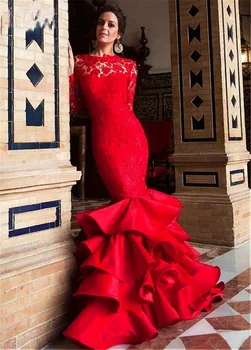 Noul Red Rochie de Bal O-Gât Ciufulit Niveluri Volan Tren Sirenă rochie Formale Mâneci Lungi Dantelă Halat de petrecere Nunta rochie de Petrecere