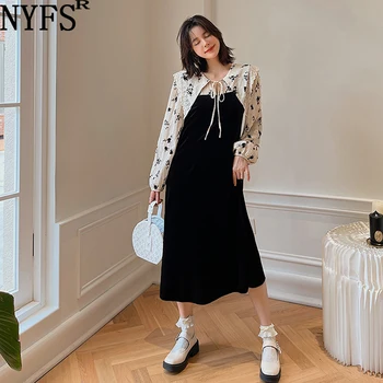 NYFS 2022 Toamna Noua Coreea Femei Rochie Vestidos Halat Femme Elbise Liber Poliester Florale Rochie Lungă de Catifea