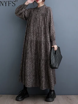 NYFS 2023 Toamna Noua Coreea Femei Rochie Vestidos Halat Elbise Vrac Plus Dimensiune Patchwork Print Rochie Lunga