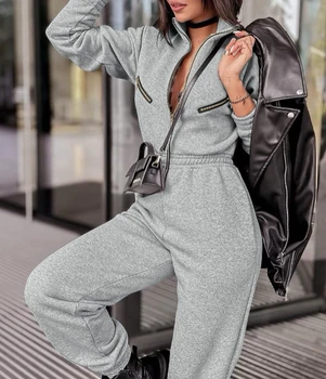 Pantaloni lungi Femei Nou 2023 Moda Fierbinte de Vânzare Casual Monocrom cu Fermoar Design Centura Elastica Salopeta
