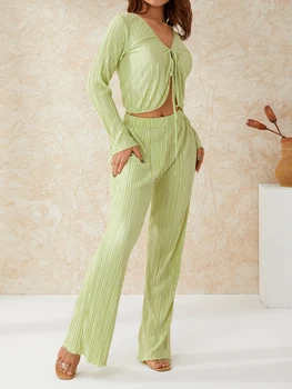Pantaloni pentru femei de Toamna Timpurie de Moda Costum Verde deschis cu Maneci Lungi Fata Cravată Cardigan Scurt de Sus + de Înaltă Talie Inalta Elastica Pantaloni