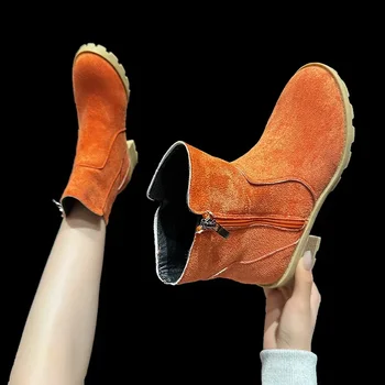 Pantofi de sex feminin în Vânzare 2023 Nou cu Fermoar Lateral Cizme pentru Femei Toamna Rotund Deget de la picior Solid Mijlocul Butoi Tocuri Indesata Plus Dimensiune Cizme de Moda