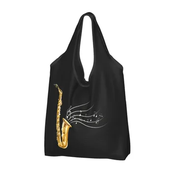 Personalizate Cool Saxofon Cu Note Muzicale Geantă De Cumpărături Femei Portabil De Mare Capacitate Alimente Saxofonist Shopper Tote Pungi