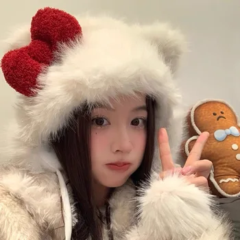 Pisica drăguț Arc de Pluș Pălărie Balaclava coreean Cald Iarna Thunderbolt Palarie pentru fete, femei