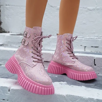 Platforma Bling Pink Chelsea Femei Cizme Sport de Funcționare Glezna Casual Rotund-deget de la picior Cizme de Zapada Designer 2023 Iarna Motocicleta Pantofi