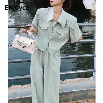 Primavara-Vara pentru Femei Vintage Două Seturi de piese Maneca Scurta Tricou Trunchiate jachete și Pantaloni Largi Picior Haine coreeană Elegant Streetwear
