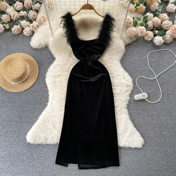 Primăvara și toamna sling fata rochie de epocă split catifea neagra rochie de femei