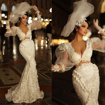 Printesa Sirena Rochii de Mireasa Adânc V-Gât Rochie de Mireasa Aplicatii Personalizate Dantela Vestido de novia