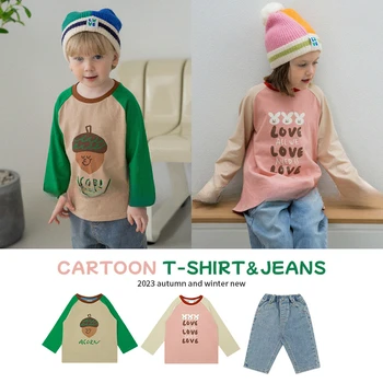 PS Brand Copii Fete Haine cu mâneci Lungi T-shirt 2023 Toamna Noi Băieții de Sus Teuri coreea de Desene animate Tricou de Bumbac Blugi