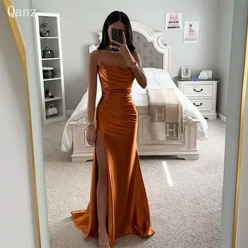 Qanz Sirena Sexy Prom Rochii Satin Ridicat Piciorul Tăiat Rochii De Seara Pentru Femei 2024 Etaj Lungime Strapless Încreți Vestido De Noche