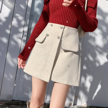 Talie mare-O Linie Neregulată Fantă Fusta Mini de Moda Elegant pentru Femei Lână Tweed, pantaloni Scurți, Fusta 2023 Iarna Dublu Rânduri Lipsă