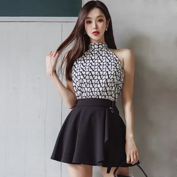 temperament tinutele de vara pentru femei 2023 Moda coreeană Tipărite Halter Top + Slim Fusta a-line Mini Două Seturi de Piese Doamnă Birou