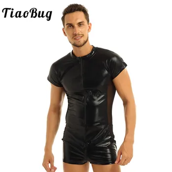 TiaoBug Oameni dintr-O bucata costum de Baie Negru din Piele de Brevet Partea ochiurilor de Plasă de Îmbinare Scurtă cu Fermoar Frontală Mâneci Tricou Clubwear Sexy Body
