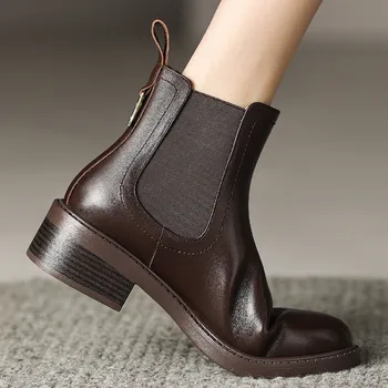 Toamna femei chelsea cizme de piele de vaca elastic slip-on apartamente glezna cizme rotund toe casual sex feminin de înaltă calitate scurtă papuceii