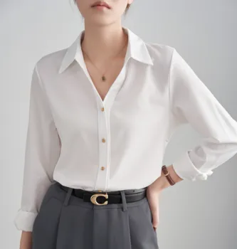 Toamna Femei Tricouri Stil coreean Sifon Maneca Lunga Top Simplu Alb Culoare Birou Elegant Doamnelor Haine de Lucru, Haine de Femei