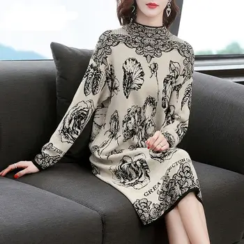 Toamna Iarna Fleece Imprimare De Moda Supradimensionate Vrac Rochie Midi Doamnelor Modă Scrisoare Pulover Jumătate Înălțime Guler Rochii