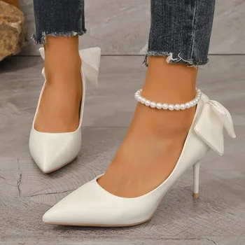 Toamna Noua 2023 Sandale Pentru Femei Brand Pantofi De Cristal A Subliniat Toe Superficial Sandale Arc Tocuri Inalte Sexy Rochie Albă Mujer Zapatillas