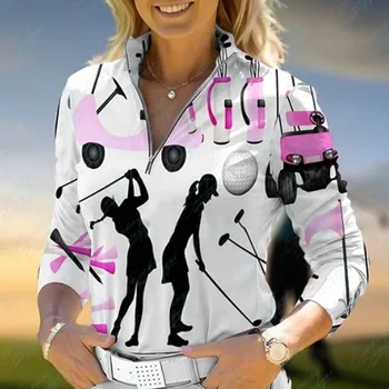 Toamna și iarna femei cu fermoar golf Polo maneca lunga amuzant imprimare respirabil cu uscare rapida absorbant de sudoare de tenis, teren de golf tricou