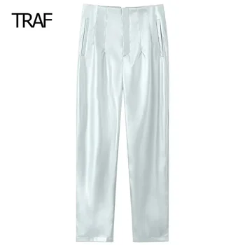 TRAF Femei Pantaloni Toamna Iarna Argintiu, Pantaloni Largi cu Talie Înaltă Largi Picior Pantaloni Stil coreean Pantaloni Chic Și Elegant Femeie Pantaloni