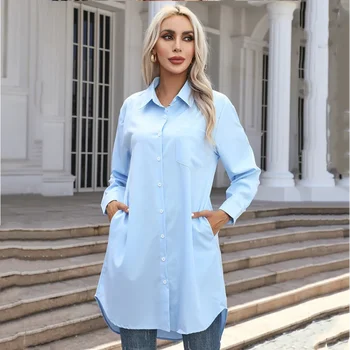 Tricou lung Femei 2023 Vintage de Buzunar Cămăși și Bluze Supradimensionate Bluza cu Maneci Lungi pentru Femei de Moda de Îmbrăcăminte Butonul de Sus Topuri de Femei