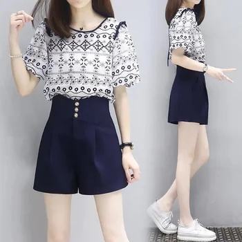 Vara Femei Vintage Etnice Imprimare Tricou Coreean Doamnă Grațioasă Două Piese Pantaloni Scurți Set O-Gât Puff Maneca Topuri Pantaloni Albastru Tinuta Z20