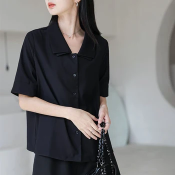 Y2K Dublu Guler Șifon Cămașă de Moda coreeană Toate se Potrivesc Femei pe Jumătate Maneca Topuri de Vara Casual, Office Doamnelor Negru Bluza
