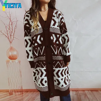 YICIYA Cardigan lung model Geometric îngroșarea pulovere de Înaltă calitate moda coreeană Îngroșarea Femei Tricotate costume noi haina