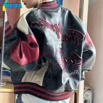YICIYA geaca de piele neagra Broderie rosie de curse, femei haina bombardier coreeană de moda Jachete de iarnă haine noi haine 2024 sus