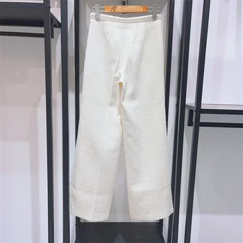 Zadigant 2024 Primăvara Devreme Perla Împodobite Tweed Fusta a-Line / High-waisted Casual Largi Picior Pantaloni Pentru Femei