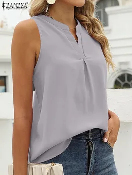 ZANZEA Casual 2023 Vara Blusas Supradimensionat de Agrement Bluze V Gât Vacanță Topuri Rezervor de Modă de Culoare Solidă Femei Tricouri fără Mâneci