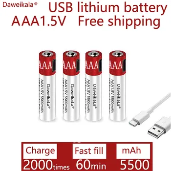 Încărcător gratuit de mare capacitate 1.5 V AAA 5500mah USB reîncărcabilă litiu-ion baterie pentru telecomanda wireless mouse + cablu